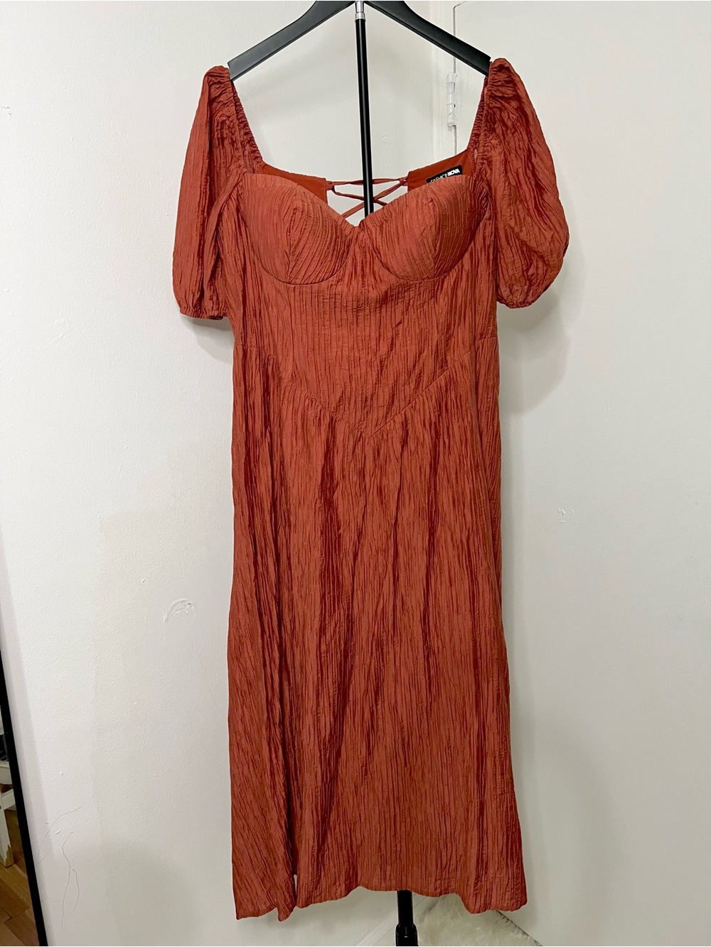 Rust Puff Sleeve Midi Dress Lace Up Back Cottagecore Dress NWT